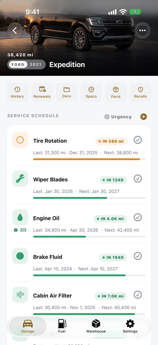 Service schedule with countdowns
