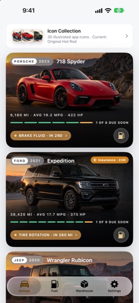 CarStory 2.0: garage with three cars and access to the Icon Collection