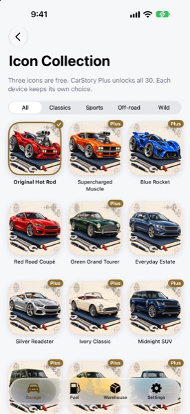 CarStory 2.0: the Icon Collection showing free and CarStory Plus icons