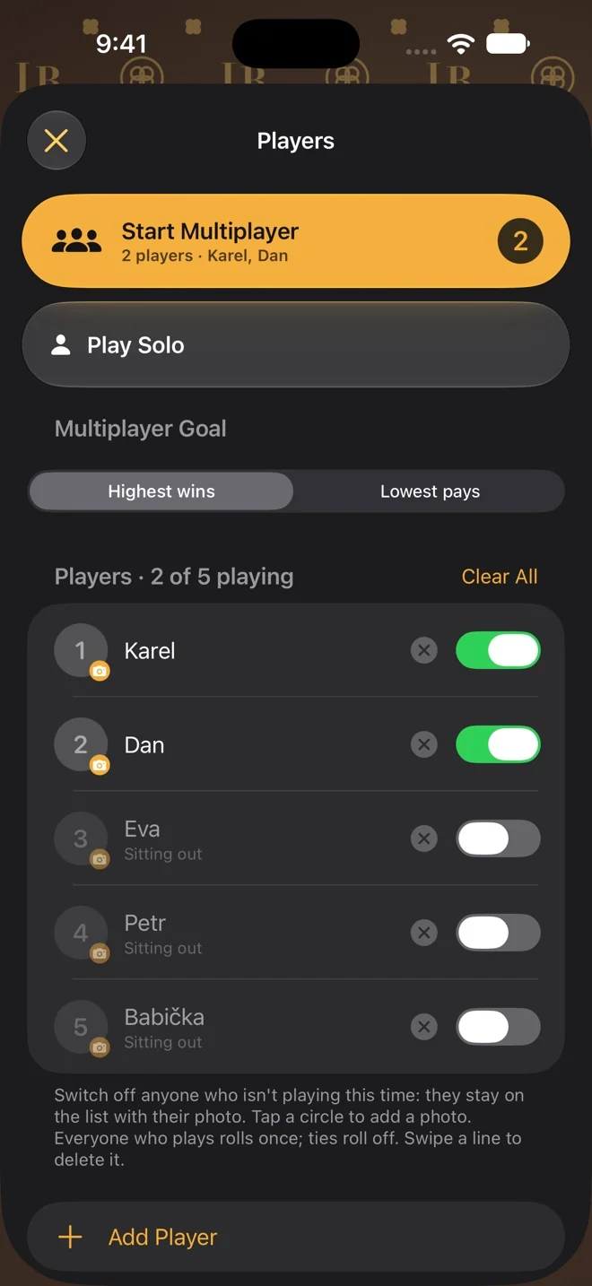 LuckyRoll: player selection and game modes with the Heritage theme