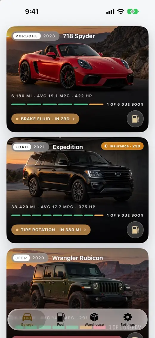 CarStory: a garage of cars with upcoming service items