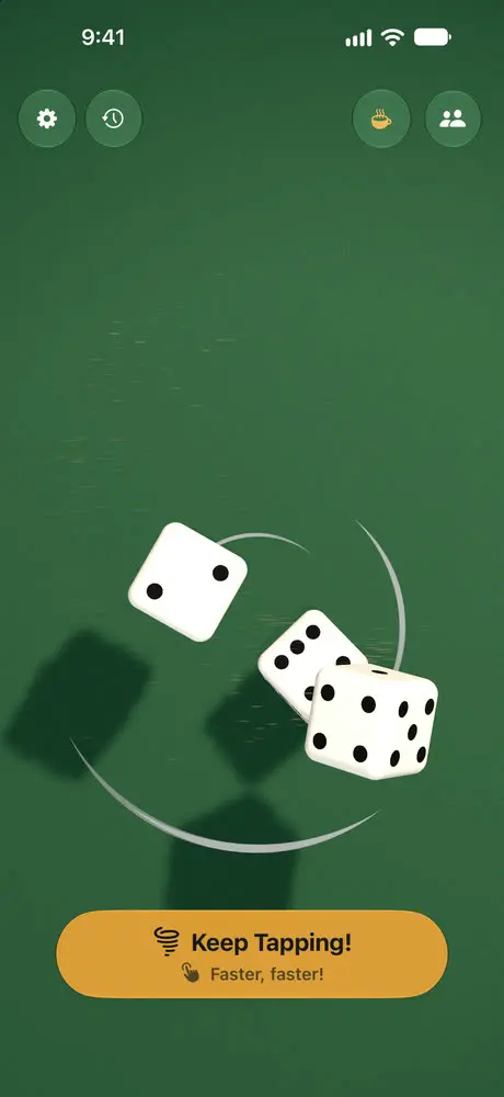 LuckyRoll: three 3D dice whirling in a Dice Tornado