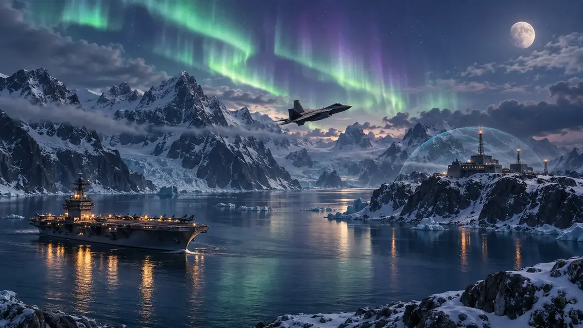 A fighter jet over an icy fjord under the northern lights, with an aircraft carrier below — artwork from Mercury Squadron