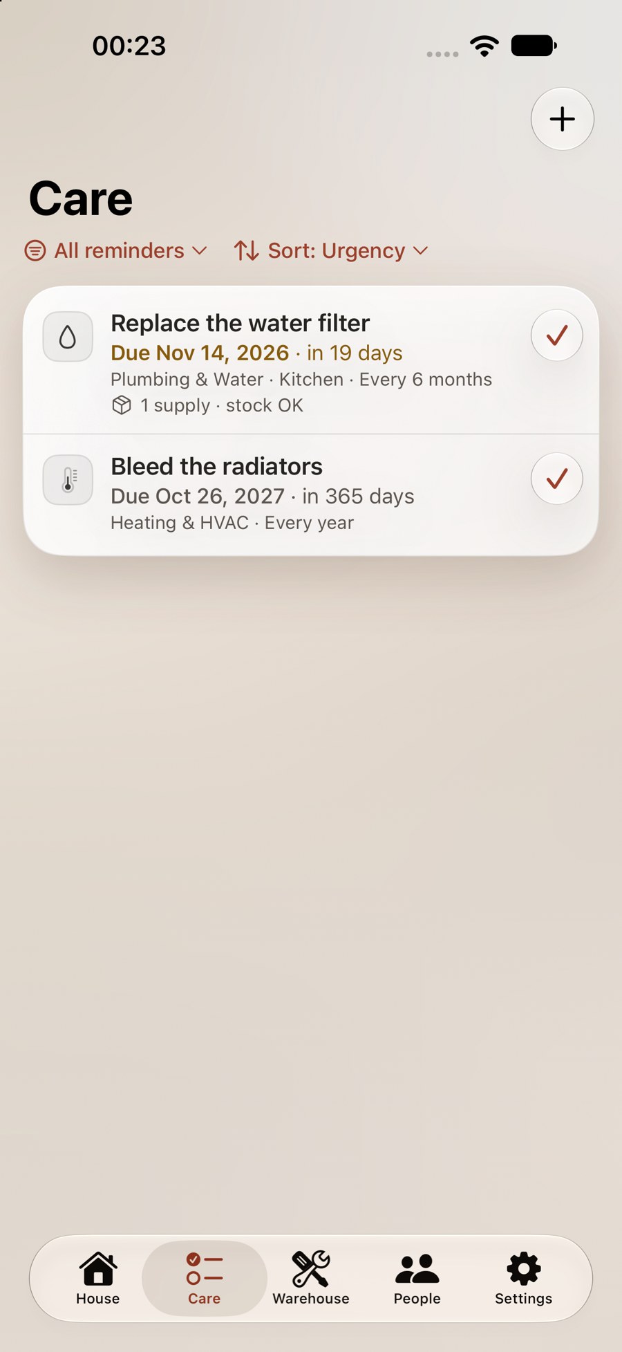 HouseStory Care screen with two scheduled maintenance reminders