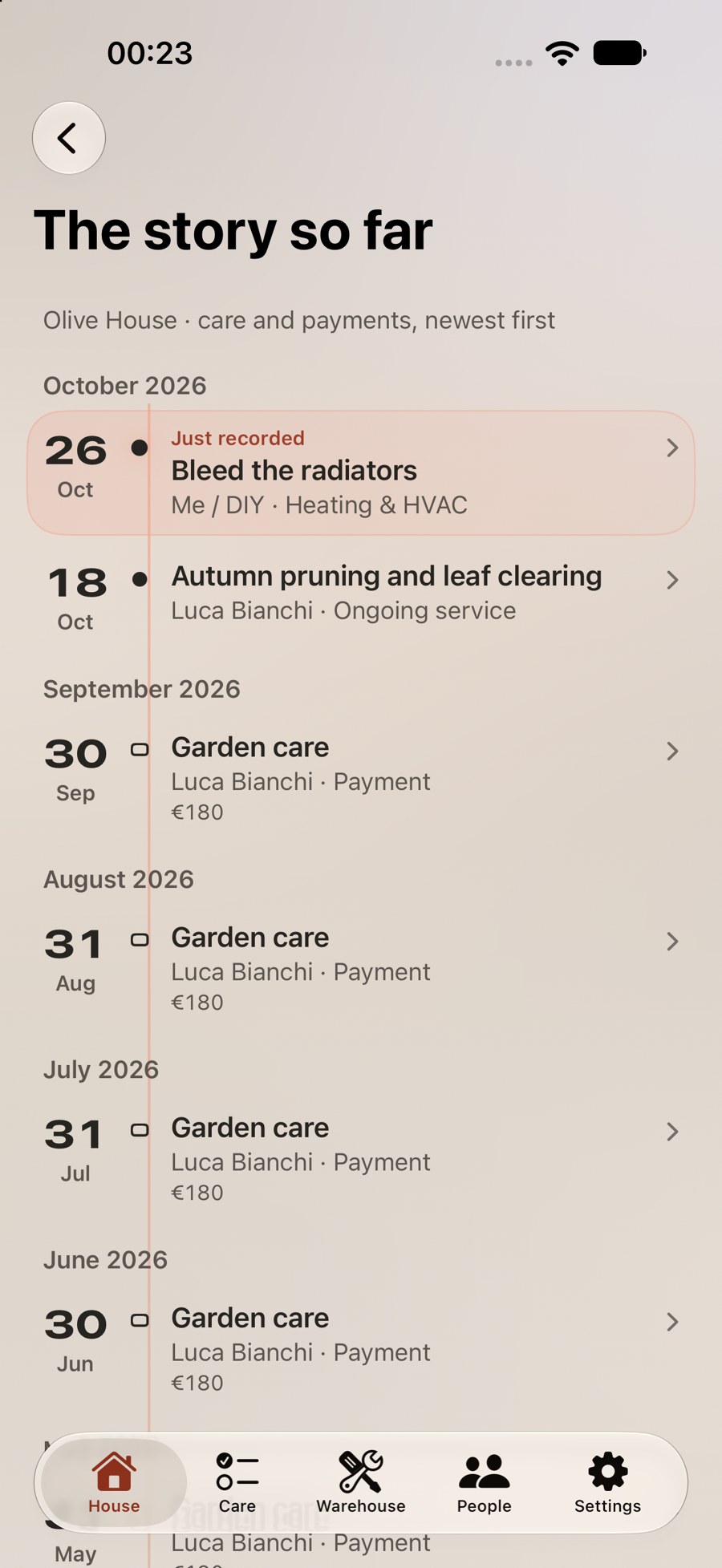 HouseStory: history of maintenance, visits and payments with example records
