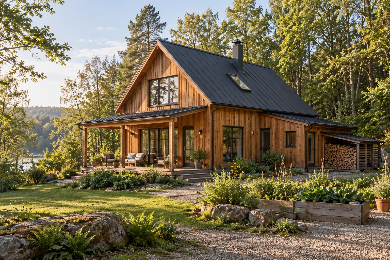 A carefully maintained cedar cottage with a sheltered porch, garden and wood store