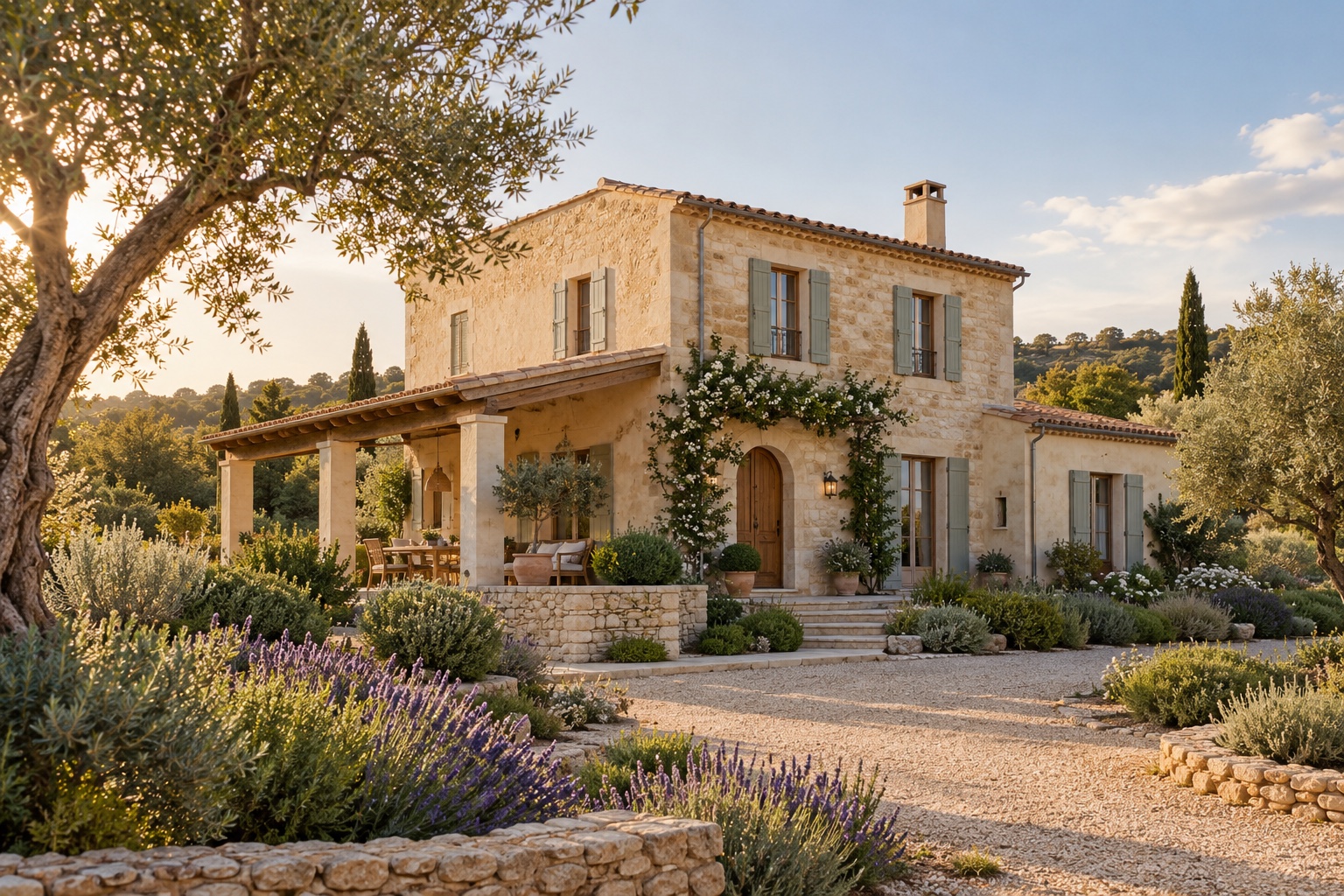 A warm limestone home with a terracotta roof, olive trees and a shaded veranda