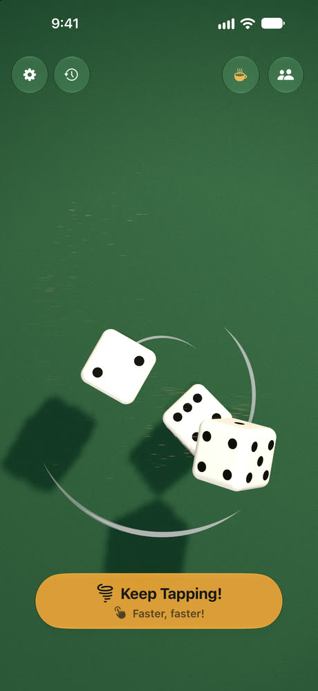 The Dice Tornado: three dice whirling around a funnel of wind streaks, Keep Tapping!