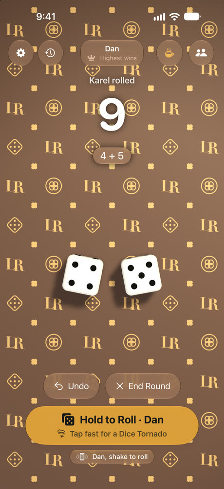 A round on the Heritage monogram table: Karel rolled 9, Dan's turn to shake