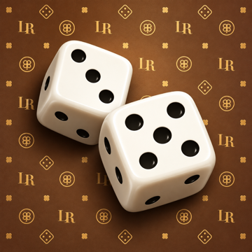 LuckyRoll app icon: two ivory dice on a brown and gold monogram