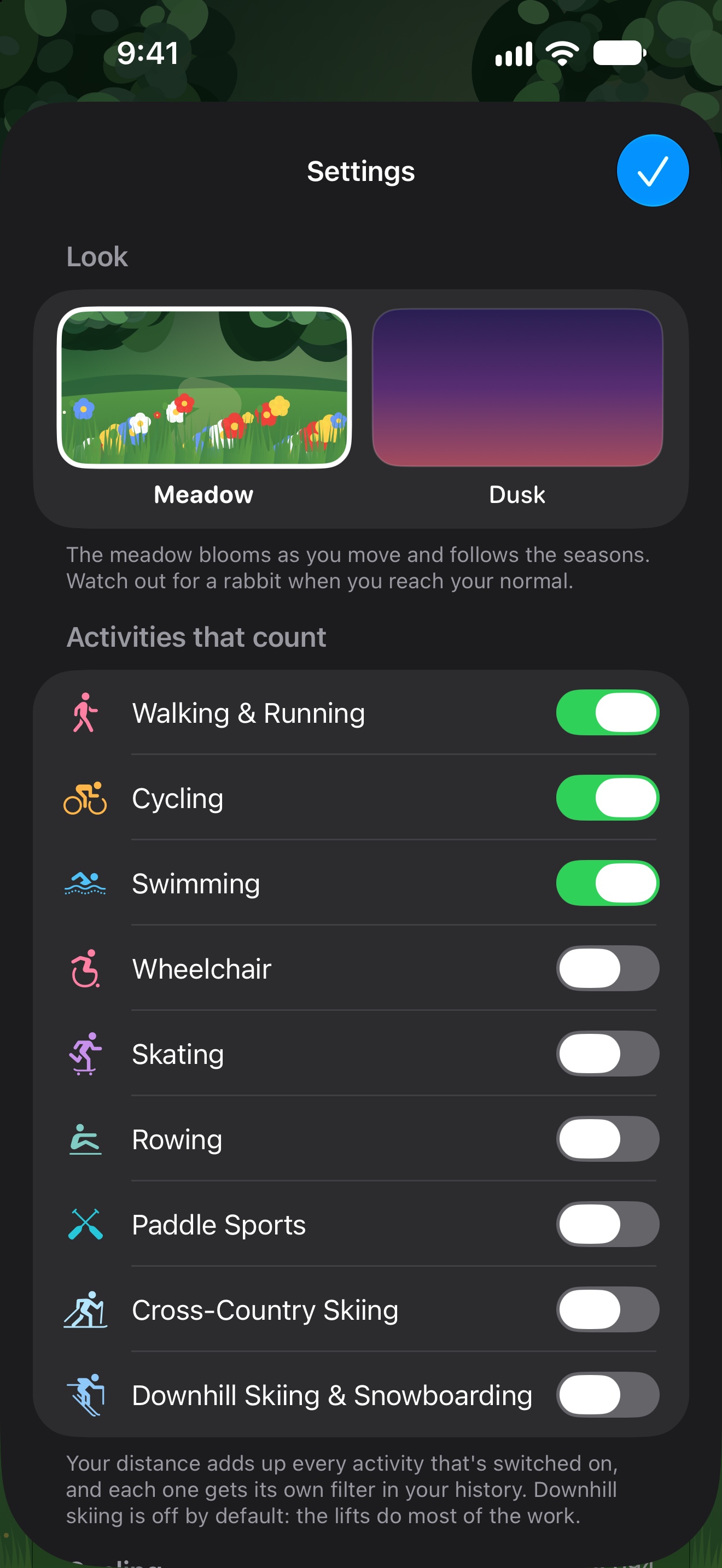 Settings: choose which activities count, your goal and units